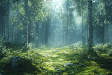 Obraz premium Green moss covering rocks in a forest.