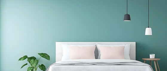 Teal Bedroom With White Bed And Pink Pillows