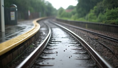 Obraz premium Rainy day train tracks station platform photography urban close-up