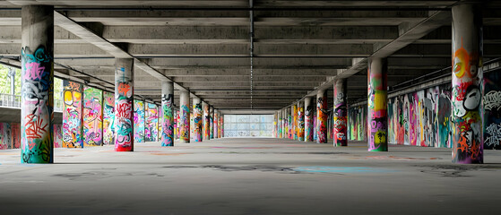 Colorful Graffiti On Concrete Columns In Empty Urban Parking Garage