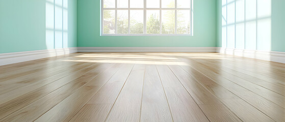 Empty Room With Mint Green Walls And Wooden Floor