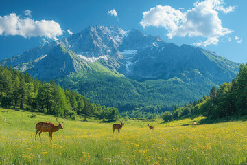deers grazing in a meadow with mountains in the background.