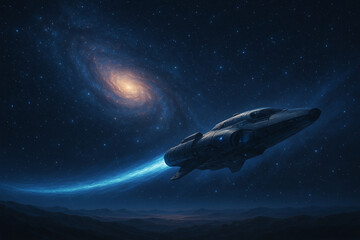 Fototapeta premium Futuristic Spaceship Flying Past a Spiral Galaxy