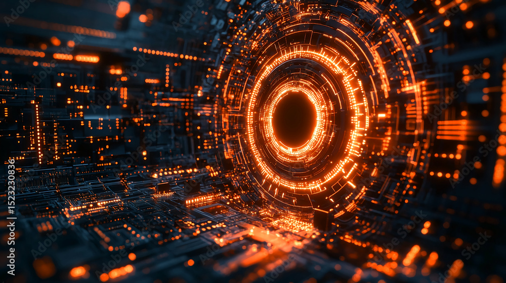 Poster futuristic technology background with glowing orange lights and digital tunnel for tech concepts
