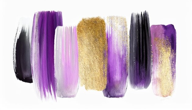  luxurious purple and gold brush stroke collection with metallic texture and glitter splatter on white background for elegant web design, modern branding, print layout, or digital art asset