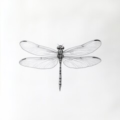 Detailed grayscale illustration of a dragonfly.  The dragonfly is positioned centrally, wings outstretched, and body extending downward.  The wings have delicate, transparent veining. 