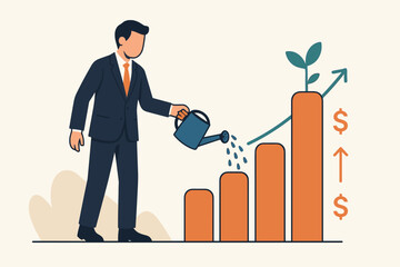 Entrepreneur watering a growing money plant on a bar graph representing investment, profit, dividend, financial growth, economic development, business success, and income increase