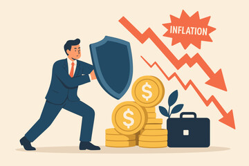 Investor protecting money from inflation with a shield. Financial defense strategy. Investment security. Economic crisis management. Business profit protection. Stock market decline.