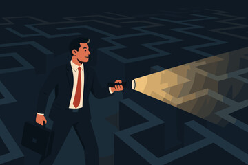 Businessman navigating complex maze with briefcase and flashlight, solving challenges, strategy, leadership, success concept, problem solving, career path, dark labyrinth