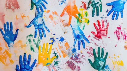 Multiple Colorful Handprints and Paint Splatters on White Surface