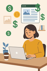 Freelance blogger success. Making money online illustration. Woman at laptop, remote work from home office. Content creation, digital nomad life. Entrepreneurship, financial income. Vector art.