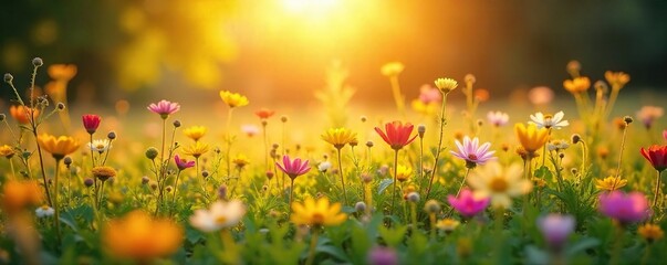 Golden hour sunlight bathes a vibrant summer meadow, wildflowers in full bloom, creating a picturesque scene of nature's beauty Perfect for idyllic summer backgrounds , day, natural