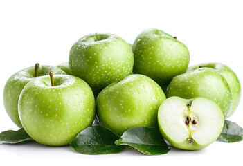 Fresh green apples with leaves isolated on white background