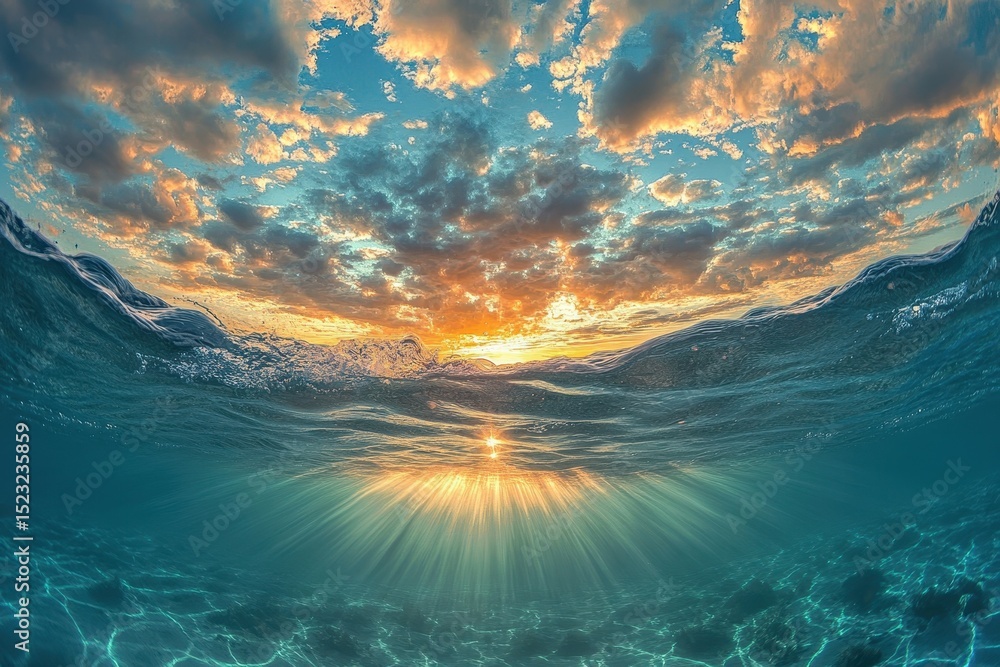 Poster sunset reflection over calm ocean waters with vibrant clouds creating a stunning twilight atmosphere