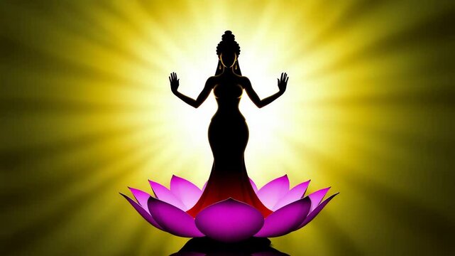 Flower petals scatter and a female deity appears, the personification of female qualities, female energy, dakini