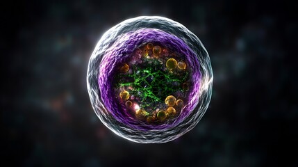 Deep Purple Nucleus with Bright Yellow Energy Organelles