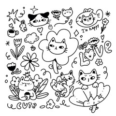 A collection of cute cat stickers in outline black and white style. Kawaii cats in a fish suit, with flowers, in the form of a balloon, with stars. Fantastic printable kitties