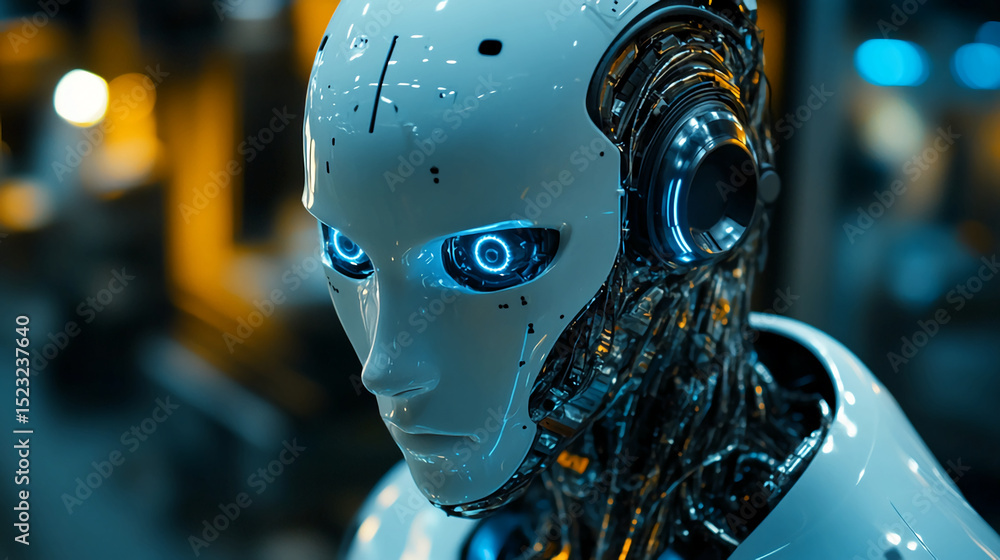 Poster futuristic robot ai android cyborg artificial intelligence technology machine learning concept desig