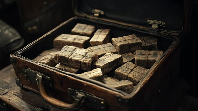 Vintage Suitcase Overflowing with Mysteriously Wrapped Parcels in Rustic Ambience