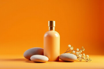 A bottle of body lotion sits next to eggs and flowers on a table or shelf