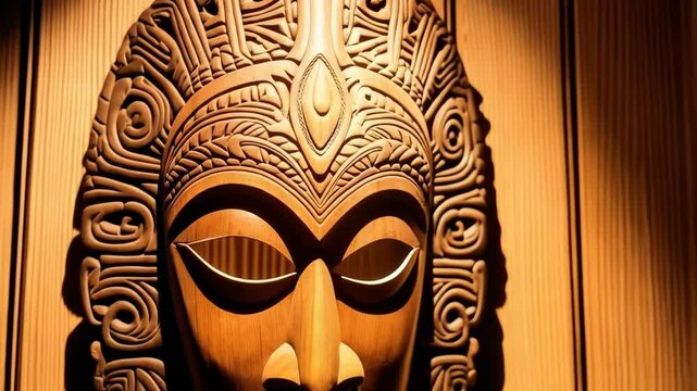 Wooden tribal face mask on textured wall, dark mood lighting, exotic art and spiritual artifact, museum display background, culture theme