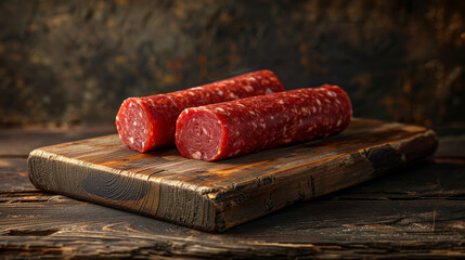 salami on wooden table on dark background 