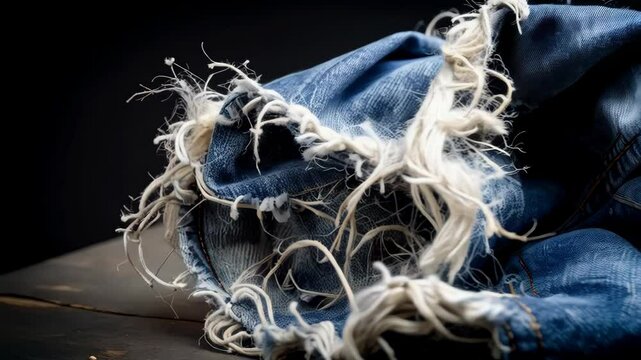 Close-up on distressed and torn blue denim jeans fabric with frayed white threads against a dark background. Ripped and worn cloth texture.
