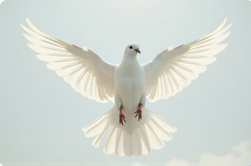 Fototapeta premium A peaceful scene of a white dove soaring through the sky with its wings spread, ideal for use in images about serenity, hope, and new beginnings