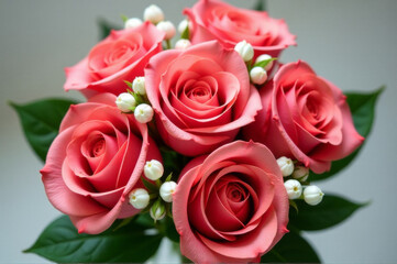 Obraz premium Fresh bouquet of pink roses with baby's breath, perfect for romantic occasions or as a symbol of love and appreciation