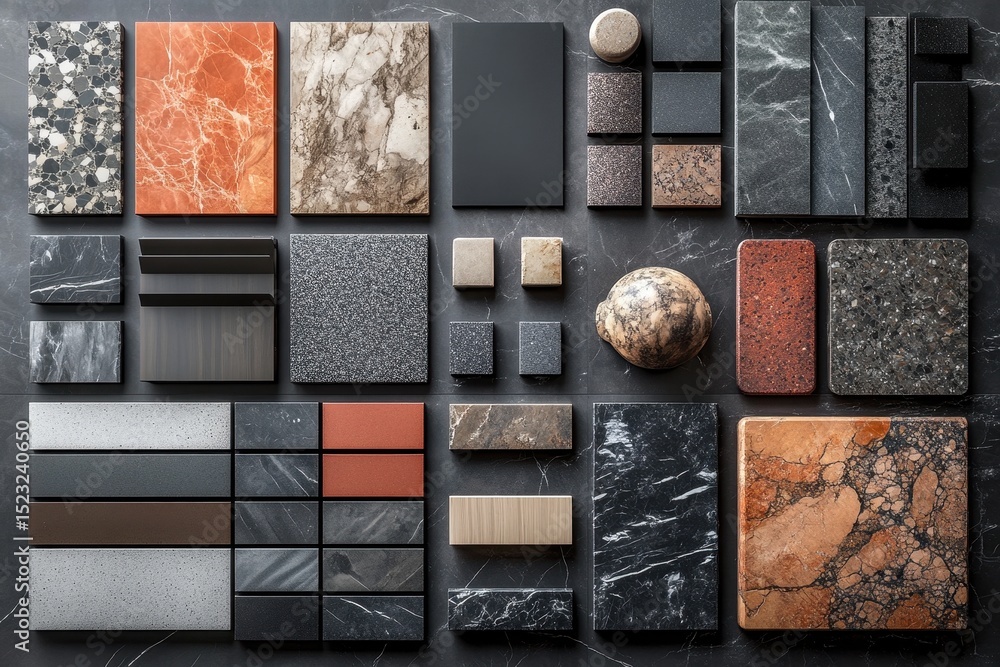 Poster Diverse collection of stone and material samples showcasing various textures and colors arranged on a dark surface for design inspiration