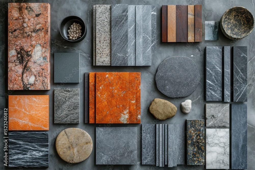 Poster Diverse collection of stone and material samples showcasing various textures and colors arranged on a dark surface for design inspiration