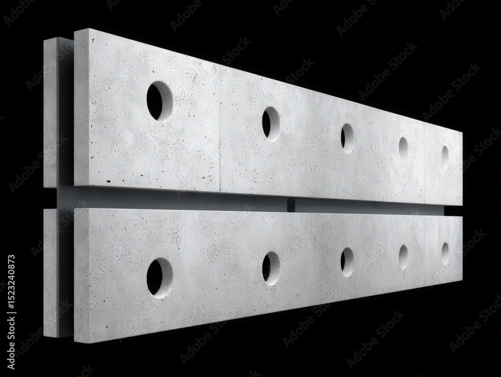 Poster modern concrete slab composition showcasing detailed surface textures and circular cutouts represent