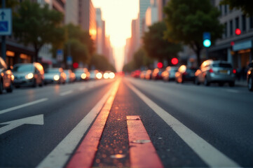 Cars and buses moving on a busy city street, surrounded by tall buildings