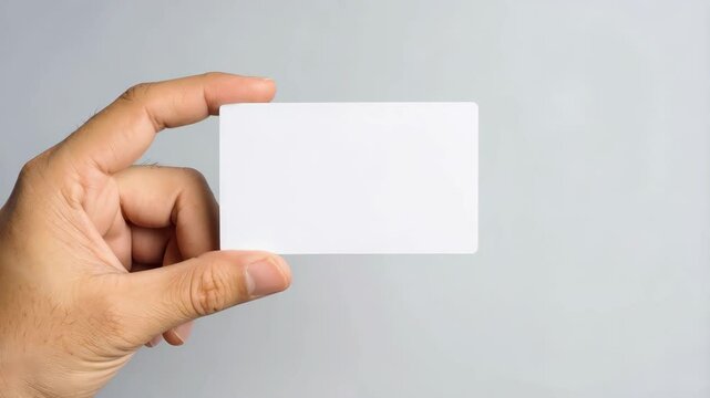 Hand holding a blank white business card mockup on grey background showcasing a clean surface for design layout presentation.