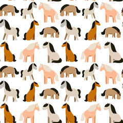 Seamless pattern of stylized cartoon horses in various poses and earthy tones on a muted gray background. Flat vector illustration, playful and minimalistic style, ideal for children's textiles