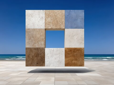 Eye-catching abstract structure framed against a clear blue sky and serene beach setting demonstrating architectural artistry and visual balance reflecting coastal elegance - Powered by Adobe