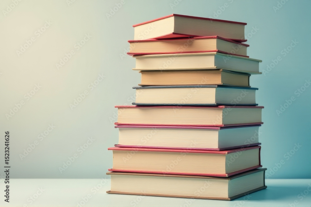 Poster a stack of books resting on a table surface, ready for reading or study