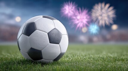 Obraz premium Celebratory soccer scene with fireworks on a twilight field