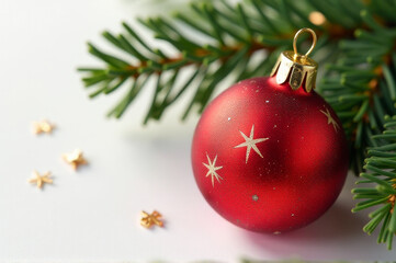 A bright red Christmas ornament perches on the top of a pine tree, ready for holiday decorating