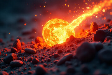 A bright orange ball surrounded by a pile of rocks
