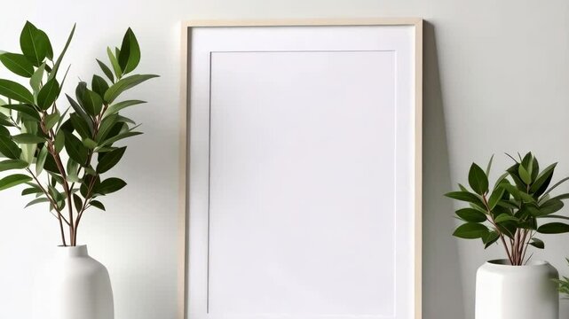 Vertical blank frame mockup with potted plant decor against a minimal wall in a bright room setting.