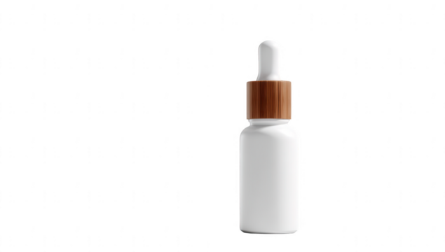 White cosmetic bottle with dropper cap mockup on a white background, png, transparent