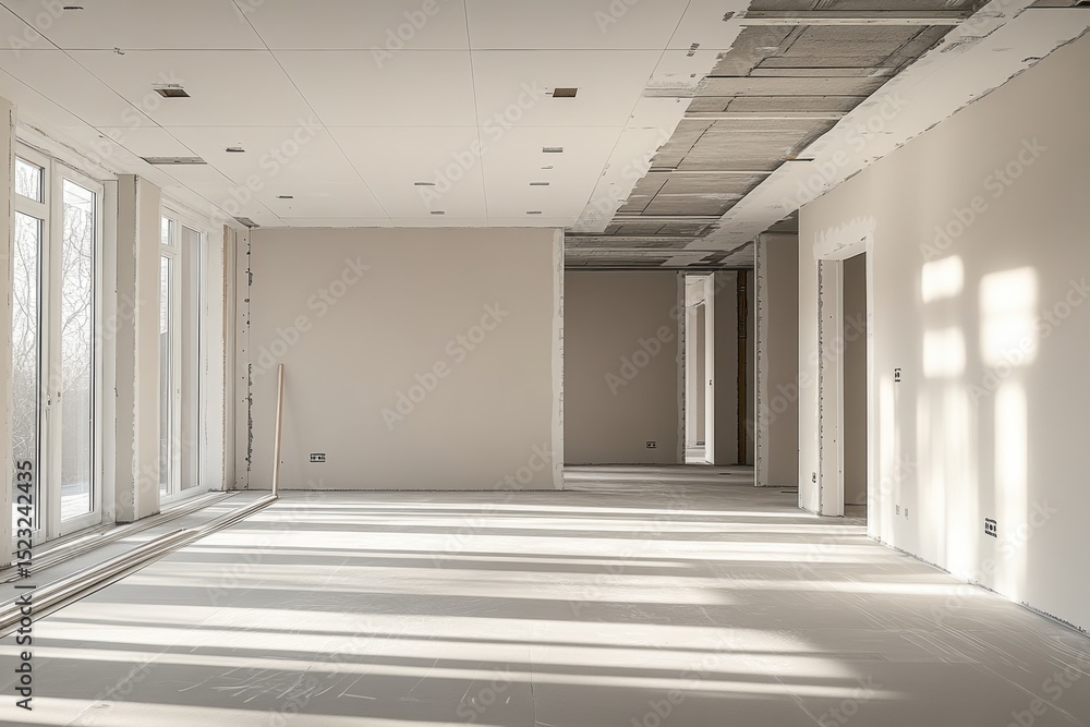Poster natural light streams into an unfinished room with drywall and shadows on the floor in winter