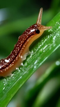 Close-up of a brown and white speckled hammerhead flatworm crawling on a vibrant green leaf in its natural habitat
