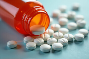 A close-up shot of a bottle of pills on a table, great for illustrating medication or health-related concepts