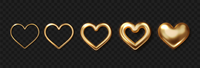 Realistic gold heart set. 3D metallic hearts in different styles and sizes. Shiny love symbols for romantic decorations, greeting cards, or wedding invitations