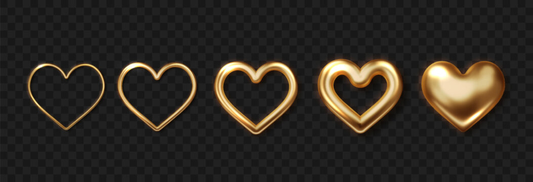 Realistic gold heart set. 3D metallic hearts in different styles and sizes. Shiny love symbols for romantic decorations, greeting cards, or wedding invitations