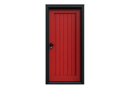 A bold red door beckons inviting curiosity and promising untold stories from within its sturdy on transparent background