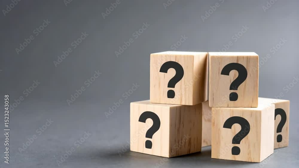 Poster wooden blocks with question marks stacked on gray background for business strategy or learning proce