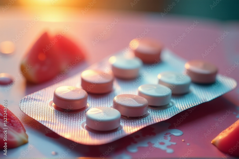 Poster close-up of pills on a table with a simple white background